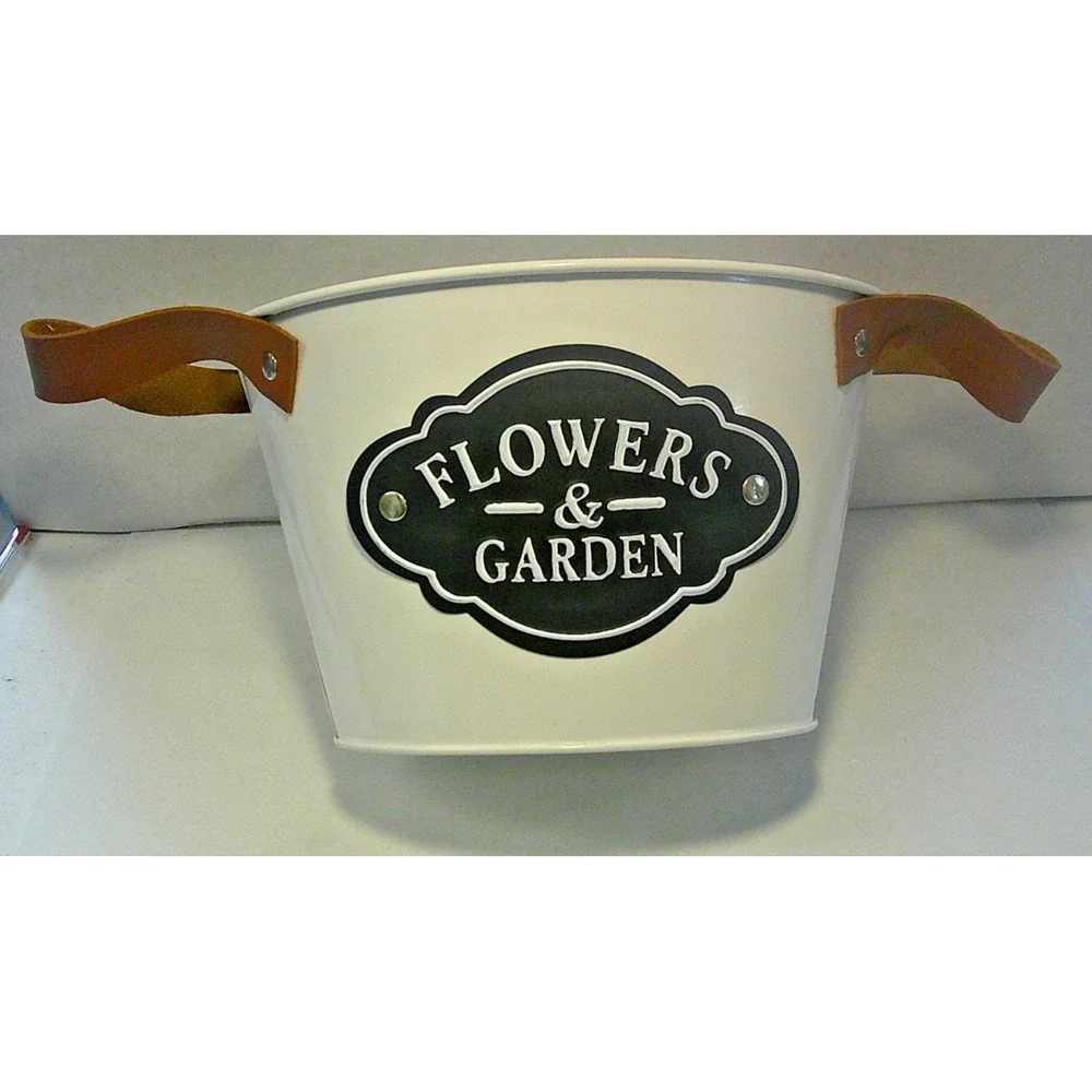 FLOWERS AND GARDEN WHITE BUCKET‎ WITH BROWN LEATHER STRAPS